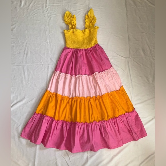 crown & ivy Dresses & Skirts - Crown & Ivy Yellow, Pink, and Orange Tiered Dress with Ruffles Size XS